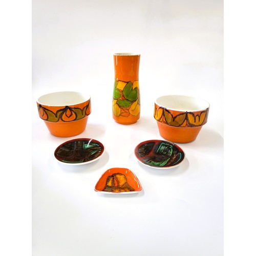 254 - Poole waisted cylindrical vase 23.5cm, two orange ground bowls 11.5cm high and 16cm diameter both nu... 