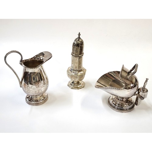 275 - A silver plate sugar sifter, a jug, and a sugar cube scuttle with scoop. (3)