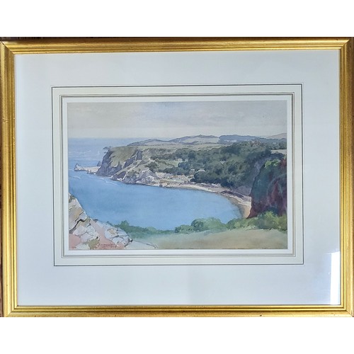 85 - Downie 1926 signed watercolour depicting a view over a seaside inlet bay. 46cm x 58cm including fram... 