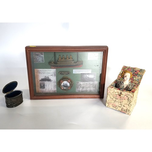 63 - A Titanic picture depicting her details and sinking,  a Maggie Thatcher  'Jack in the Box' and a pew... 