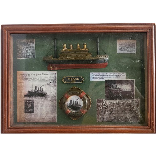 63 - A Titanic picture depicting her details and sinking,  a Maggie Thatcher  'Jack in the Box' and a pew... 