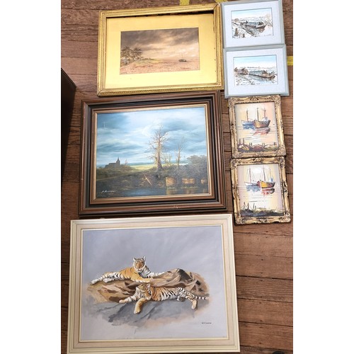 69 - A collection of seven works of art to include two Tigers. an oil on board by G F Croker. 54 x 68cm.