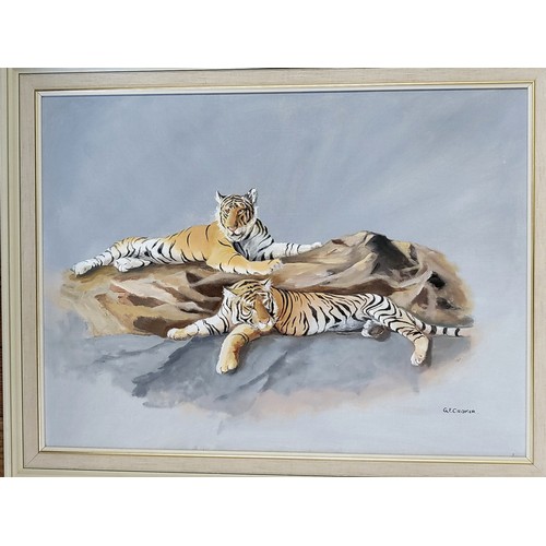 69 - A collection of seven works of art to include two Tigers. an oil on board by G F Croker. 54 x 68cm.