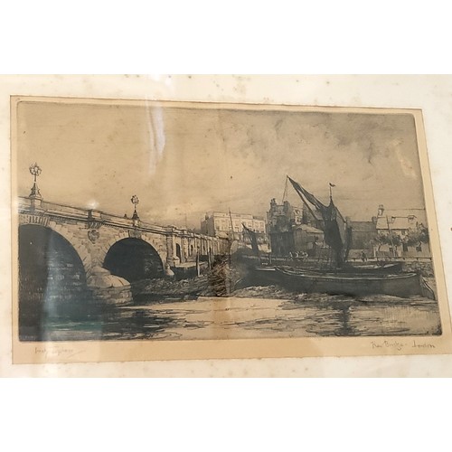 70 - Two pencil drawings of Bristol and Kew Bridge, London by the artist Topham. Framed and glazed.
