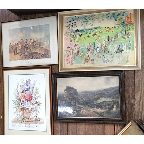 71 - Four works of art (3 framed and glazed) Landscape, Royal Ascot 1935 print by Raoul Dufy 60 x 75cm in... 