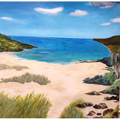 73 - An original oil on canvas Calgary Bay Isle of Mull signed Dew. 100 x 100cm.