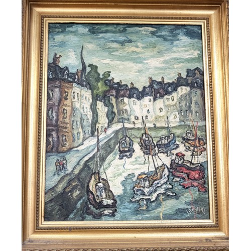 77 - Oil on canvas by J. Raynal depicting a French harbour scene. (Un coin du port, Honfleur 1978).
50 x ... 