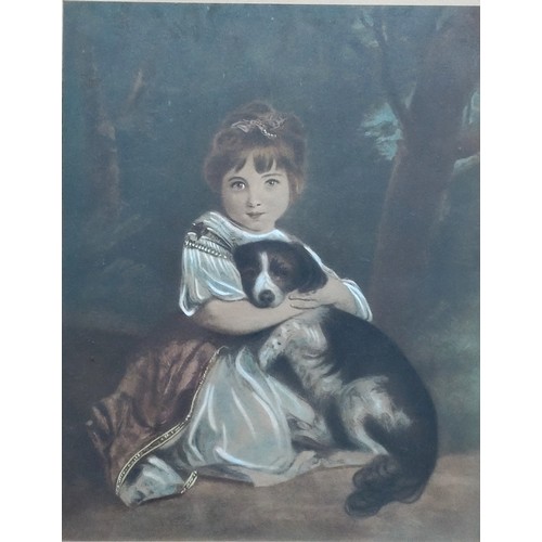 79 - A picture of Miss Bowles and her dog by Renaldo and five picture frames and glass.