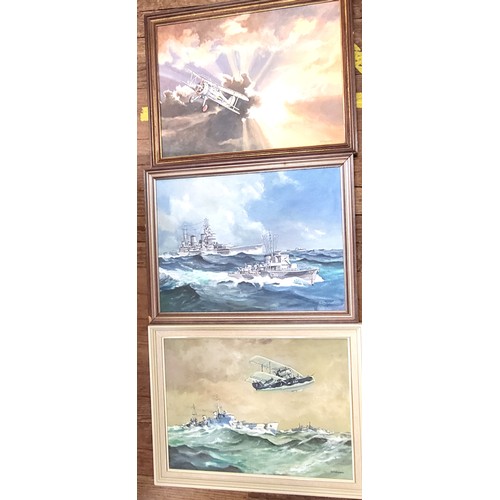 81 - Three original oil on boards by G.F. Croker, Battle Cruisers, a Walrus sea plane and a Gypsy Moth. 5... 