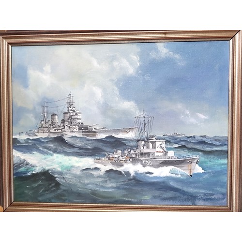 81 - Three original oil on boards by G.F. Croker, Battle Cruisers, a Walrus sea plane and a Gypsy Moth. 5... 