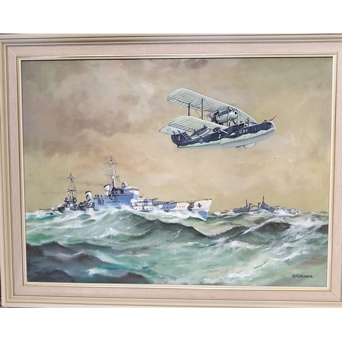 81 - Three original oil on boards by G.F. Croker, Battle Cruisers, a Walrus sea plane and a Gypsy Moth. 5... 
