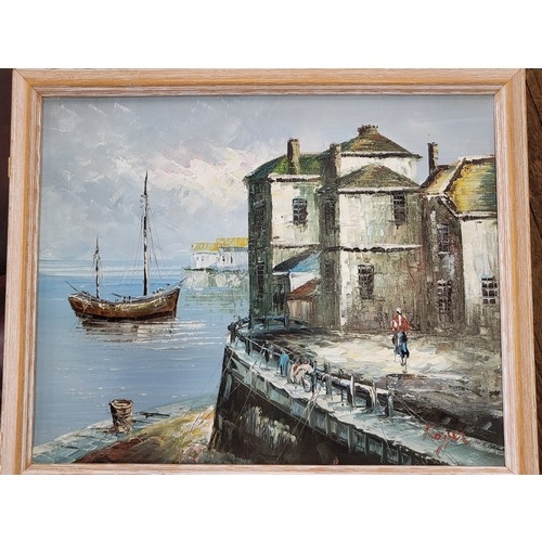 84 - A mid century oil on canvas of a harbour scene, signed Roger. 47 x 56cm including frame.