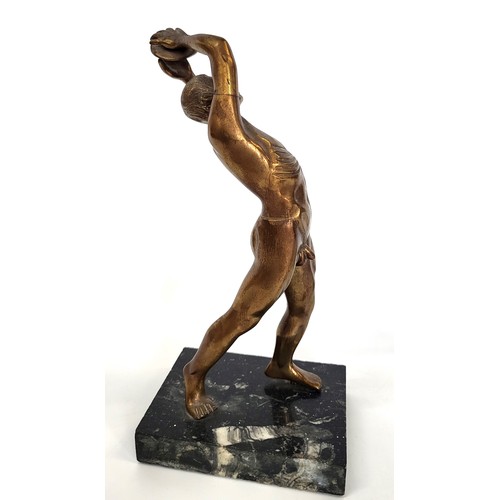 92 - An Art Deco bronze male nude sculpture of a discus thrower, 23cm, and two mid-century wooden ornamen... 