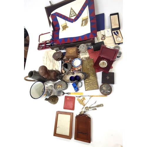 105 - House clearance items including a leather case containing Masonic items including Masonic aprons, a ... 