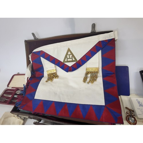 105 - House clearance items including a leather case containing Masonic items including Masonic aprons, a ... 