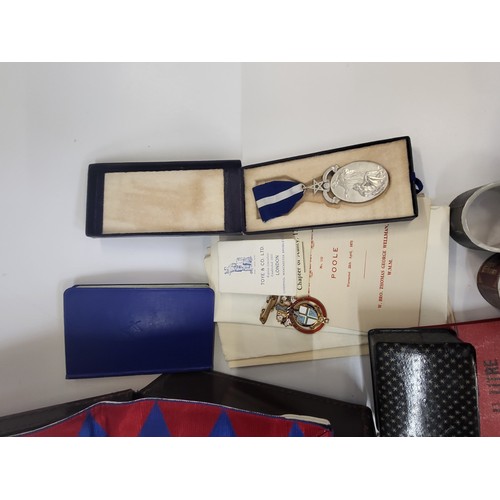 105 - House clearance items including a leather case containing Masonic items including Masonic aprons, a ... 