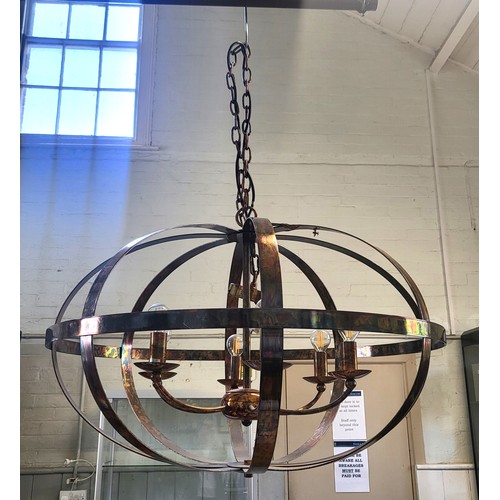 37 - Spherical copper chandelier with six arms around a central band. 45cm x 75cm.