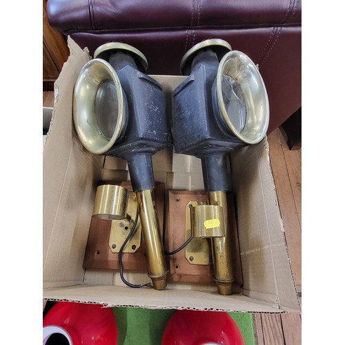 44 - Two coach lanterns H:45cm, brass double wall sconce with shades H:29cm W:33cm and three glass colour... 
