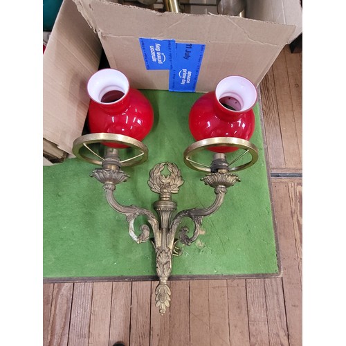 44 - Two coach lanterns H:45cm, brass double wall sconce with shades H:29cm W:33cm and three glass colour... 