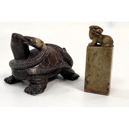 135 - A Chinese hard stone of Genbu and a soapstone seal holder with Dog of Fo. (2)