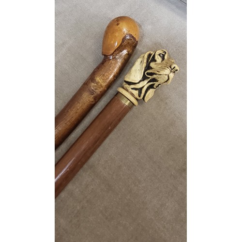 154 - Two walking canes including a carved bone bloodhound and a hazel