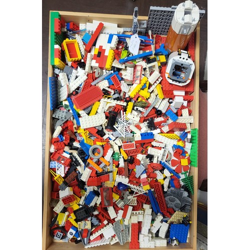 159 - Lego loose components in red, white, green, blue, grey, yellow, orange, and black.