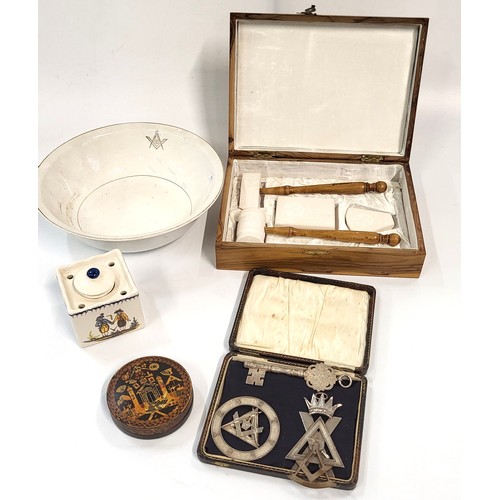 167 - Five Masonic items including gavel and block set, jewels, inkwell, bowl, and lidded pot. (5)