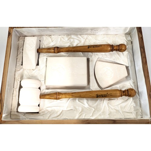 167 - Five Masonic items including gavel and block set, jewels, inkwell, bowl, and lidded pot. (5)