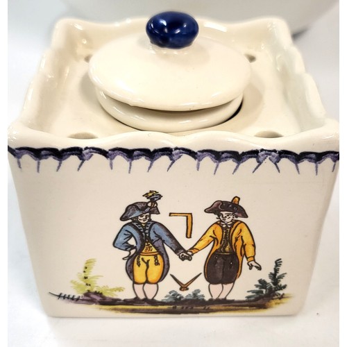 167 - Five Masonic items including gavel and block set, jewels, inkwell, bowl, and lidded pot. (5)