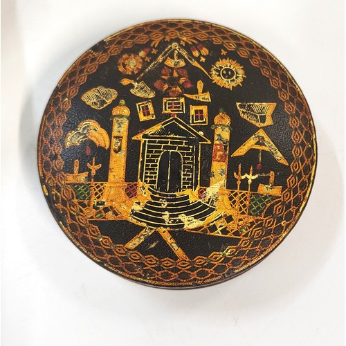 167 - Five Masonic items including gavel and block set, jewels, inkwell, bowl, and lidded pot. (5)