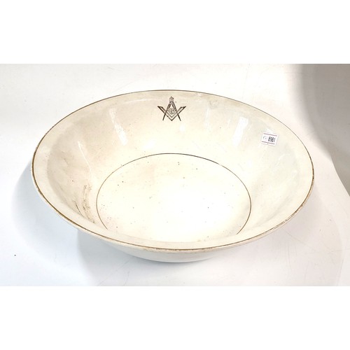 167 - Five Masonic items including gavel and block set, jewels, inkwell, bowl, and lidded pot. (5)