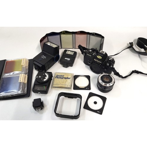 169 - Nikon FG-20 and accessories including Jessop C-12 light meter, Jessop flash gun, filters, Vivitar fl... 