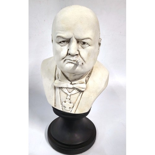 170 - A perpetual desk calendar and ink stand 25.5cm wide, and a bust of Winston Churchill 33cm high. (2)