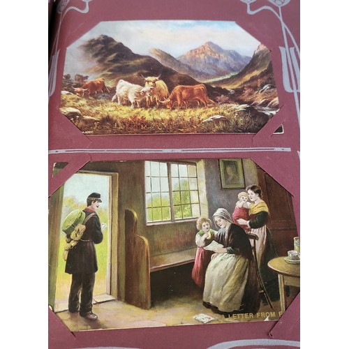 191 - An Art Nouveau leather bound postcard album containing approx. 230 postcards from the 1920's era.