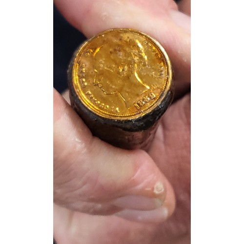 202 - Two wall plates 23cm, and a walking stick with Victorian coin.