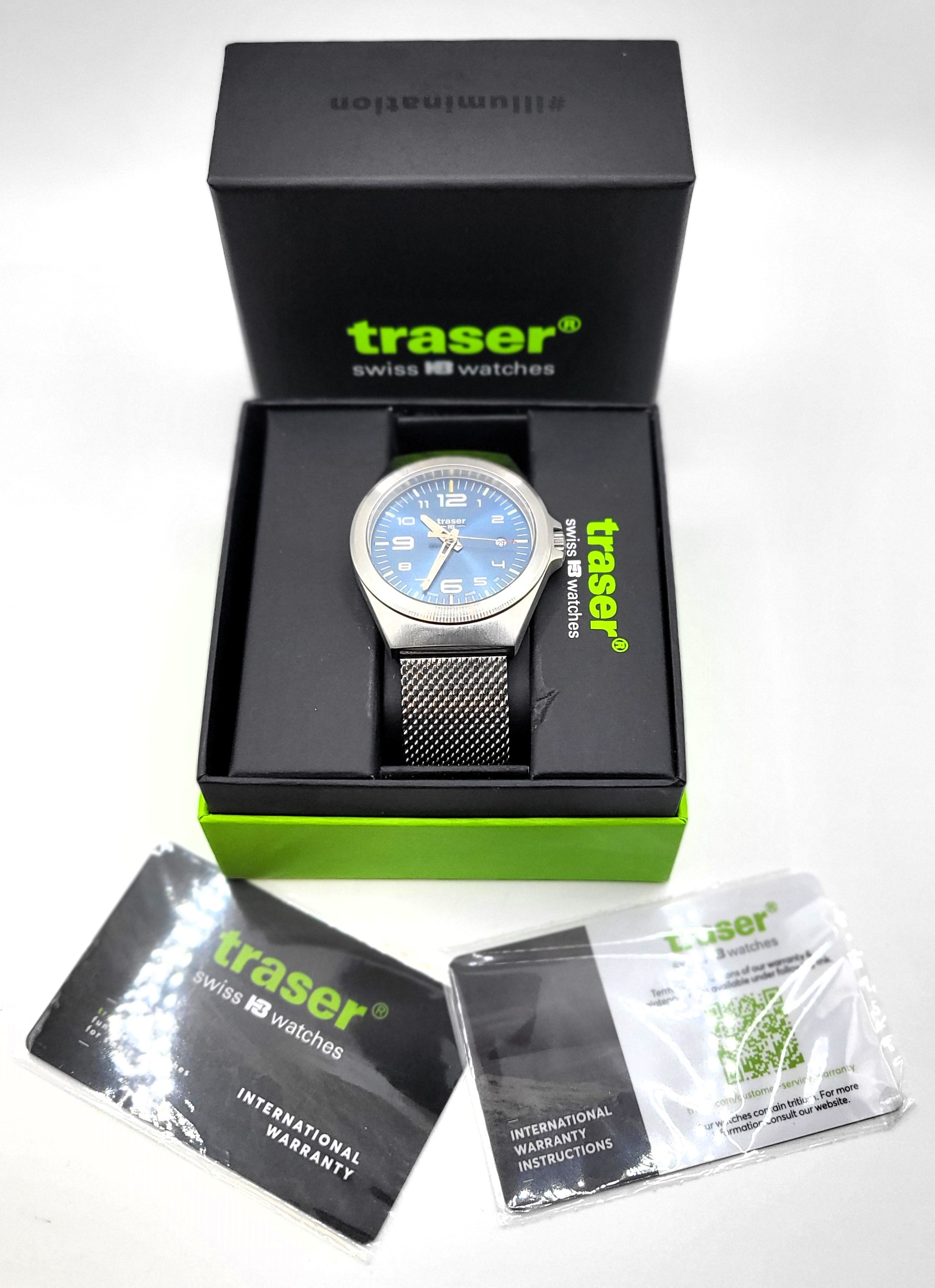 A Traser watch, quartz movement on a chainmail bracelet in original box ...