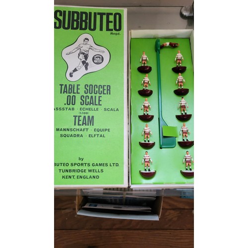 157 - Subbuteo OO scale football figures in boxes, components, three pitch cloths, and 1978 catalogue.