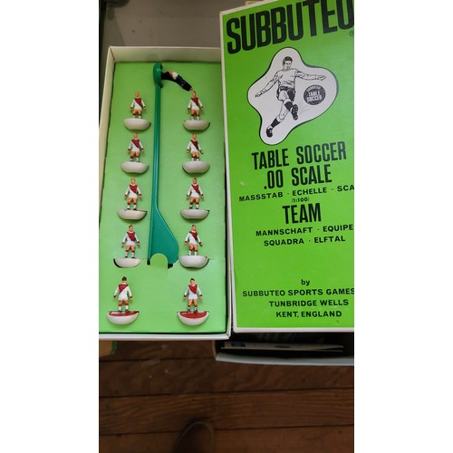 157 - Subbuteo OO scale football figures in boxes, components, three pitch cloths, and 1978 catalogue.