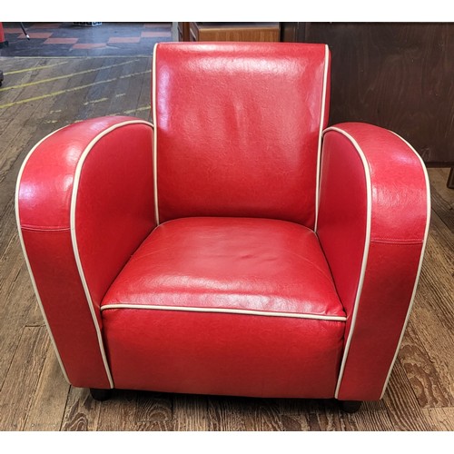 1 - An Art Deco style club chair in red leather with cream piping. 78 x 78 x 84cm.