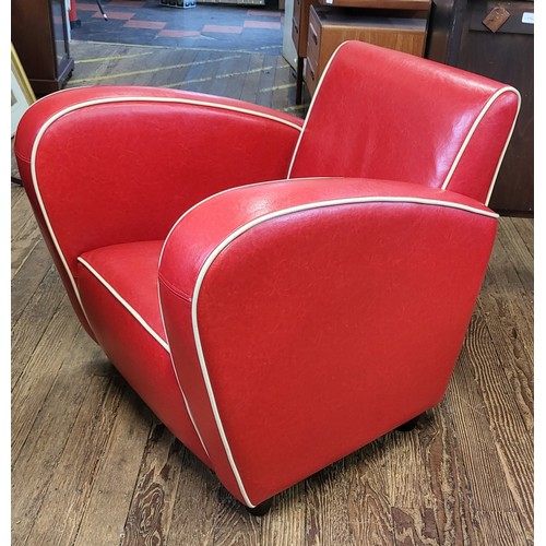 1 - An Art Deco style club chair in red leather with cream piping. 78 x 78 x 84cm.