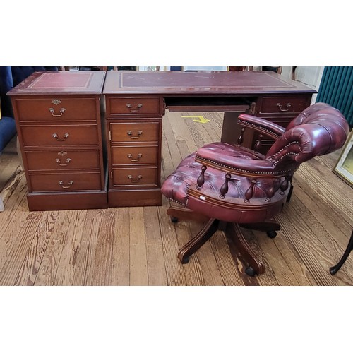 36 - Leather topped pedestal desk H: 76cm W: 120cm D: 60cm, with matching leather topped filing cabinet H... 