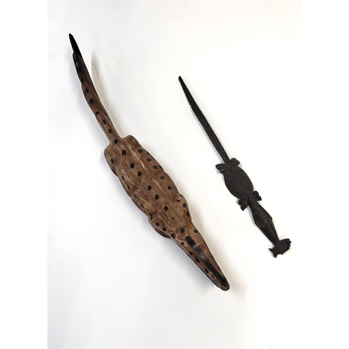 157 - Two crocodile wooden carvings 36cm and 26cm. (2)