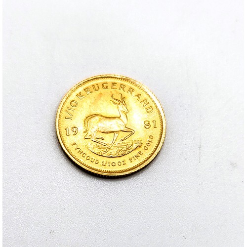 346 - A 22ct yellow gold (916) 1/10th Krugerrand, 1981. 3.11gms. Approx 1.5mm diameter Obverse features th... 