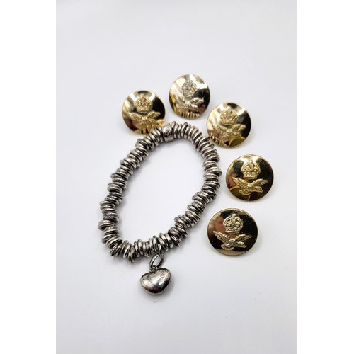 388 - A Links of London bracelet on an elasticated band 62.2gms and five brass RAF military uniform button... 