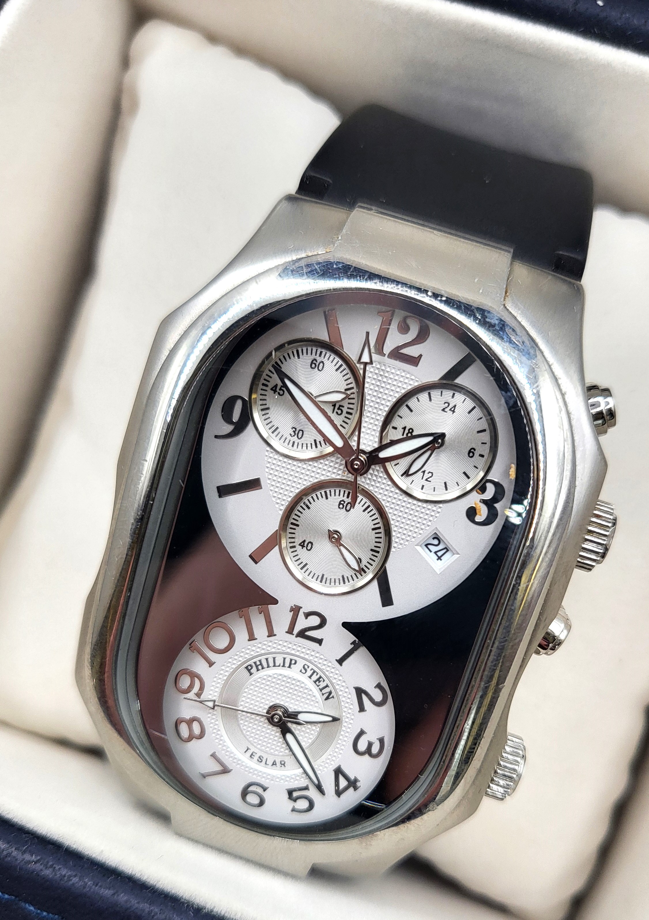A Philip Stein Teslar watch invented in 1986, the Teslar technology was ...