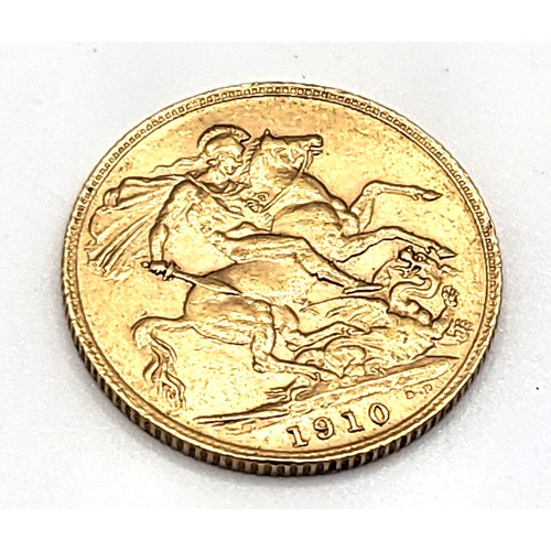 A 22ct yellow gold full sovereign coin dated 1910 (Edward VII ...