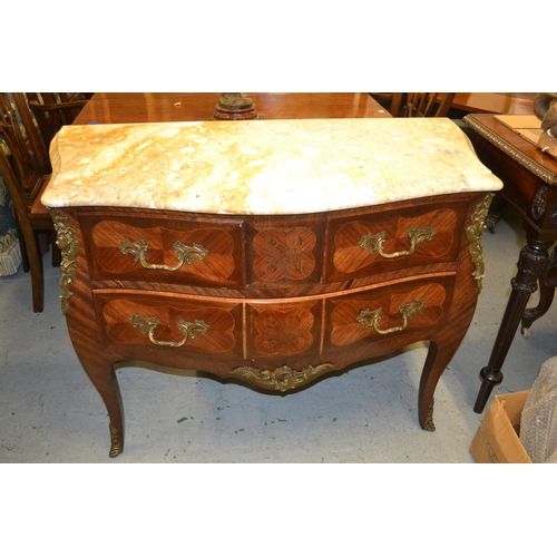 1983 - Early 20th Century French floral marquetry inlaid Kingwood commode, the Sienna marble top above two ... 
