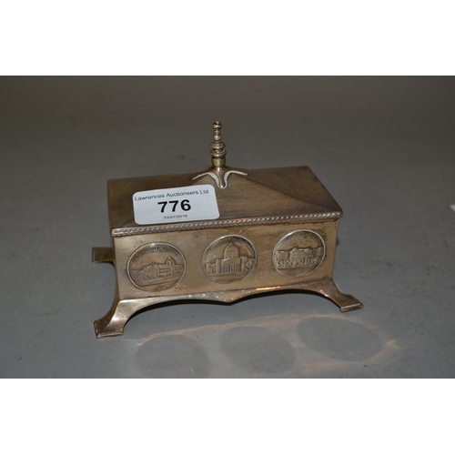 776 - London silver rectangular casket shaped trinket box with scenes of Calcutta on splay supports