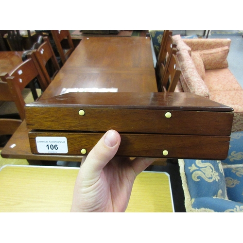 106 - Early 20th Century mahogany cased travelling chess set with natural and red stained bone pieces by J... 