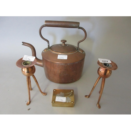 1274 - Pair of arts and crafts style copper candlesticks, an oval brass kettle and a brass stamp box